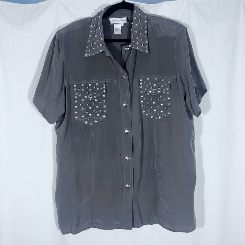 Diane Gilman Studded Silk Button-Front Blouse